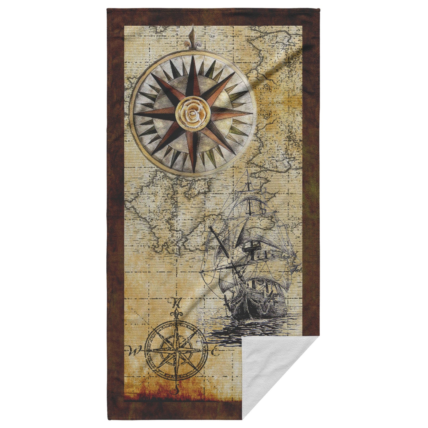 Compass Rose Tall Ship Beach Towel