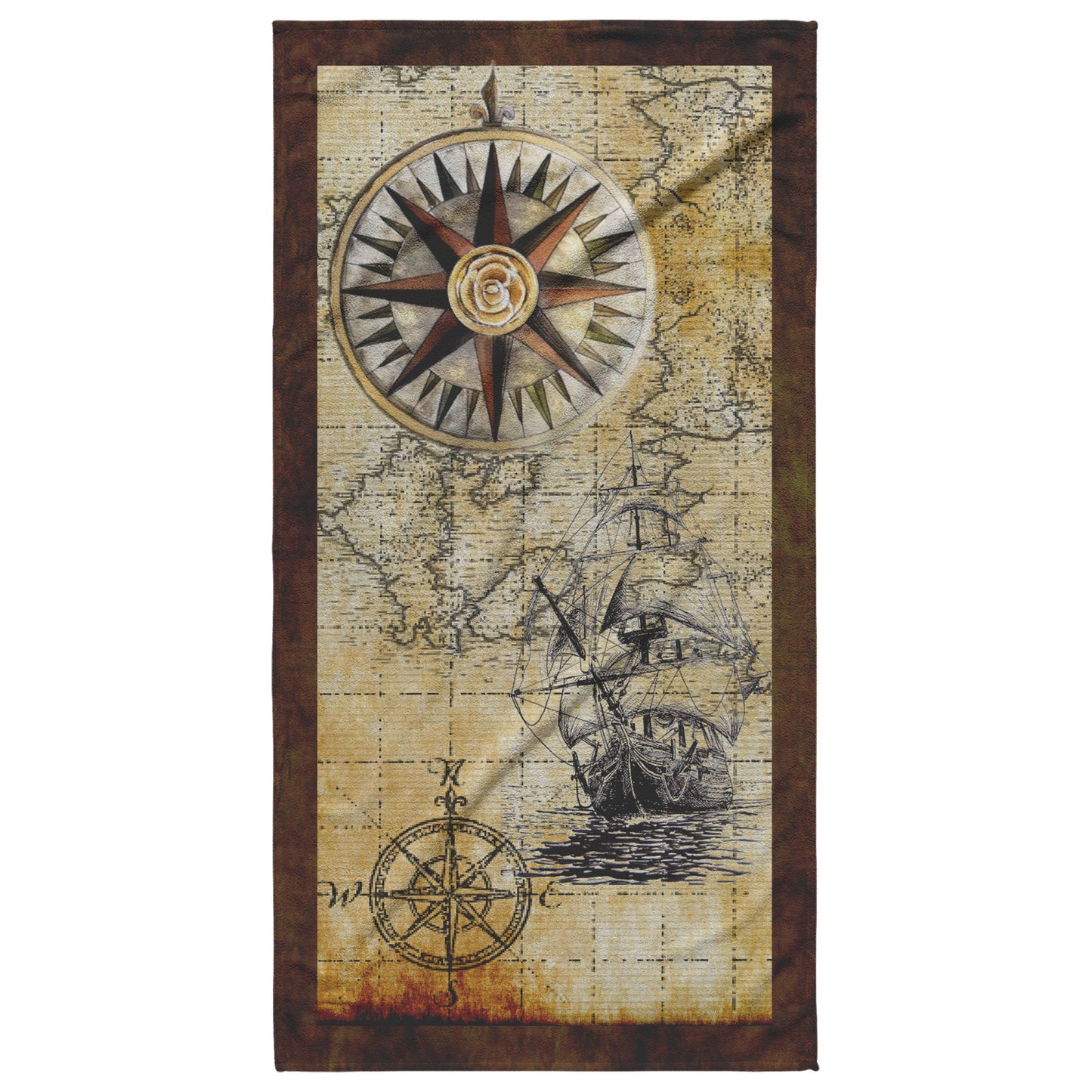Compass Rose Tall Ship Beach Towel