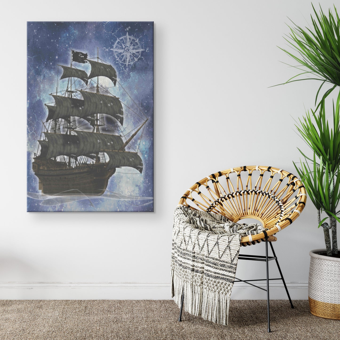 Pirate Ghost Ship Canvas Print - Blue-White