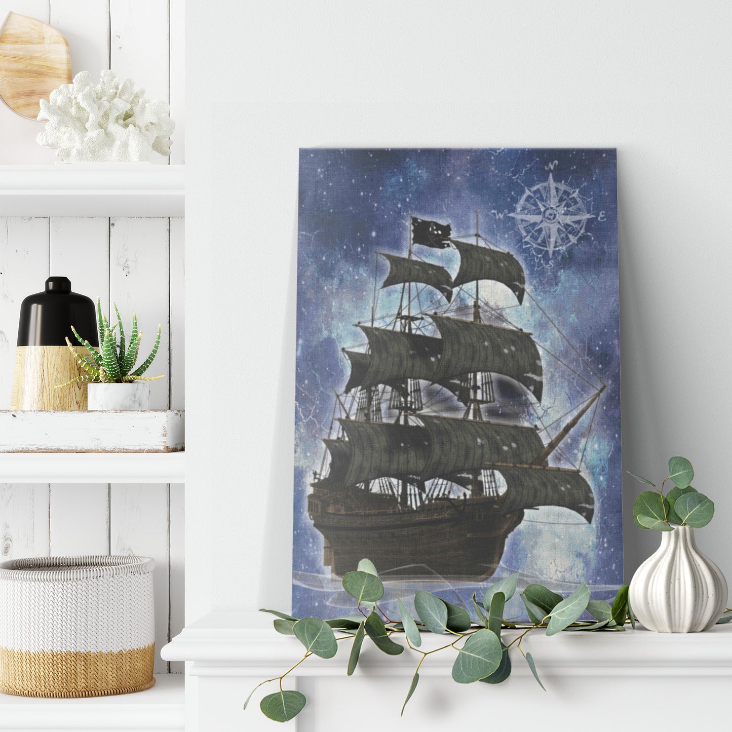 Pirate Ghost Ship Canvas Print - Blue-White