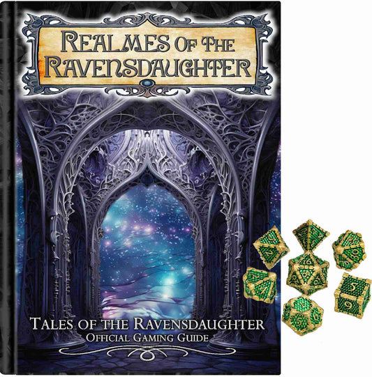 Realmes of the Ravensdaughter RPG Guide PREORDER and Green DragonScale Gaming Dice