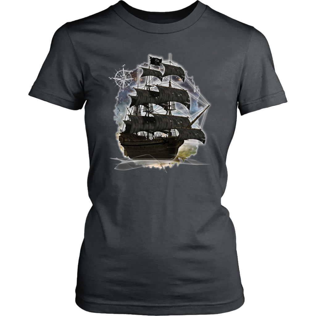ghost ship, ghost tall ship, pirate ship, pirate art, nebula, pirate tall ship, pirates carribean, pirate star, galaxy, tall ship, compass rose, nautical, pirate captain, pirate wench, pirate scallywag, pirate shirt, pirate t-shirt