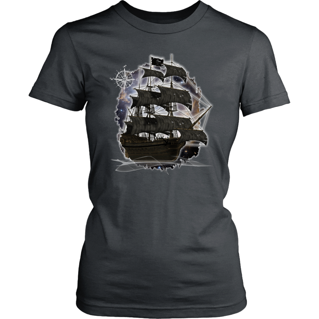ghost ship, ghost tall ship, pirate ship, pirate art, nebula, pirate tall ship, pirates carribean, pirate star, galaxy, tall ship, compass rose, nautical, pirate captain, pirate wench, pirate scallywag, pirate shirt, pirate t-shirt,