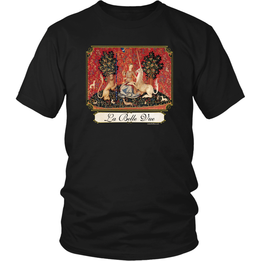 unicorn, tapestry, medieval, middle ages, renaissance, cluny museum, lion, noble lady, lady and unicorn, lady with unicorn, mille fleurs, thousand flowers, flanders, unicorn t-shirt, unicorn shirt, unicorn tee, unicorn t shirt