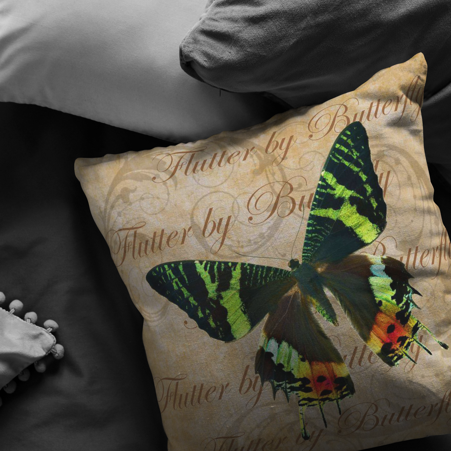 Green and Orange Butterfly Nature Digital Collage Throw Pillow