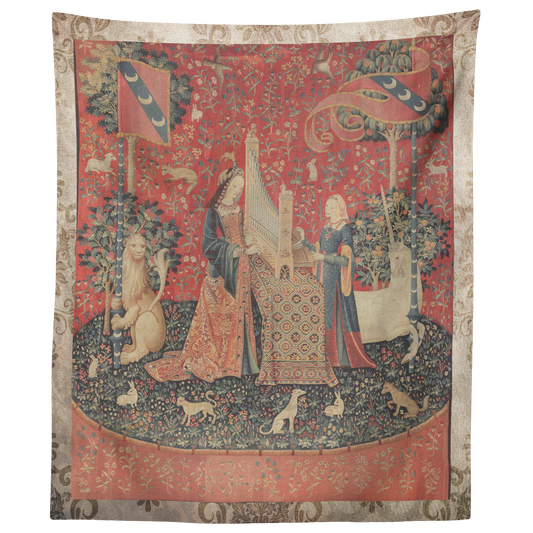 unicorn, tapestry, medieval, middle ages, renaissance, cluny museum, lion, noble lady, maid, mille fleurs, thousand flowers, flanders