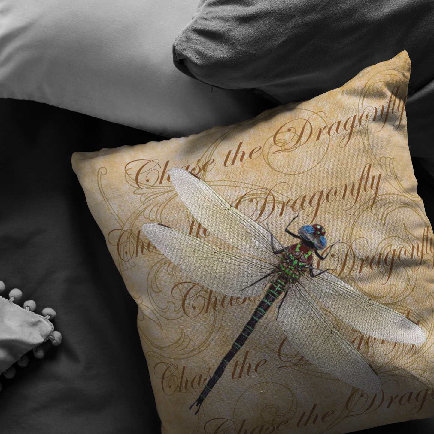 White Dragonfly Nature Digital Collage Throw Pillow