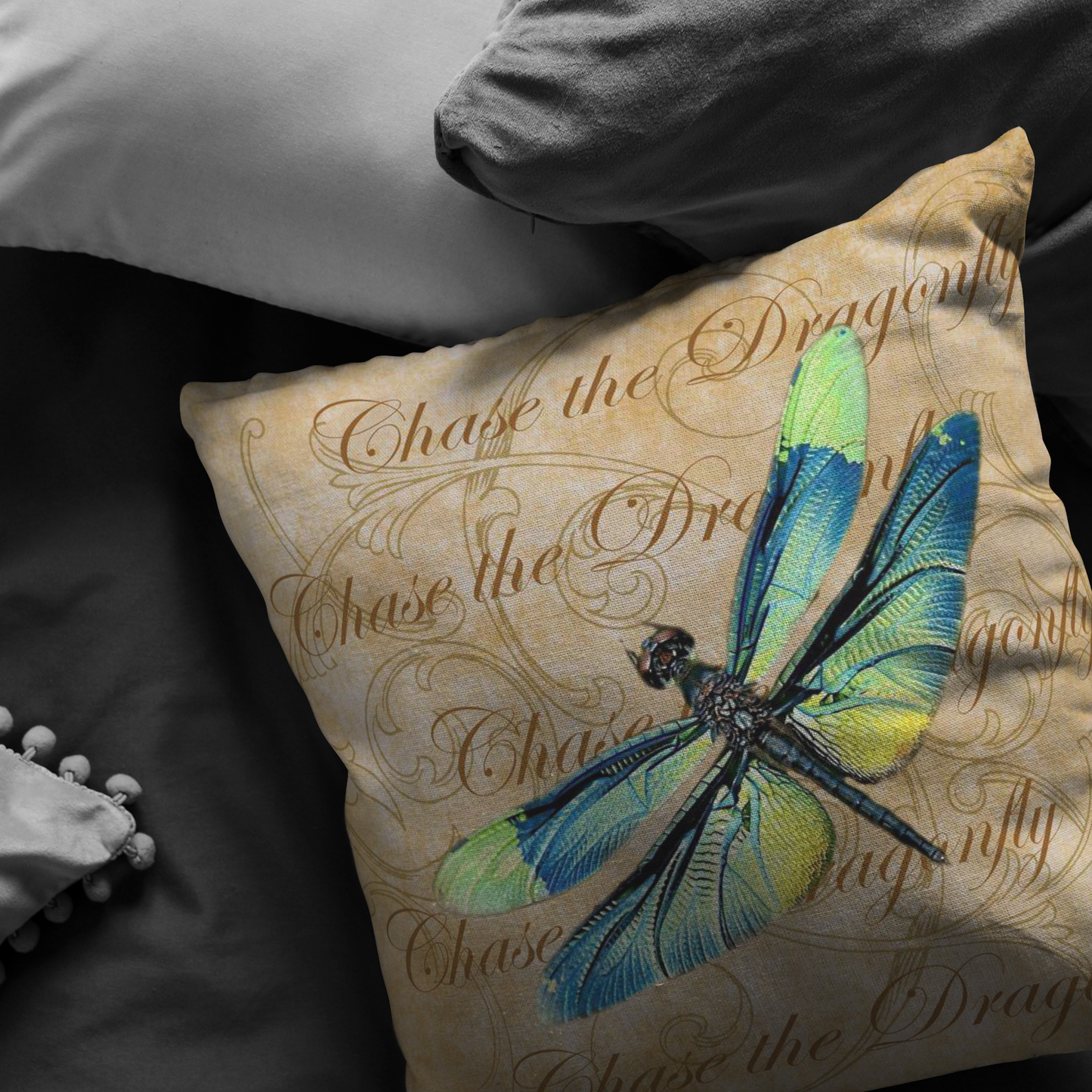 Blue and Green Dragonfly Nature Digital Collage Throw Pillow