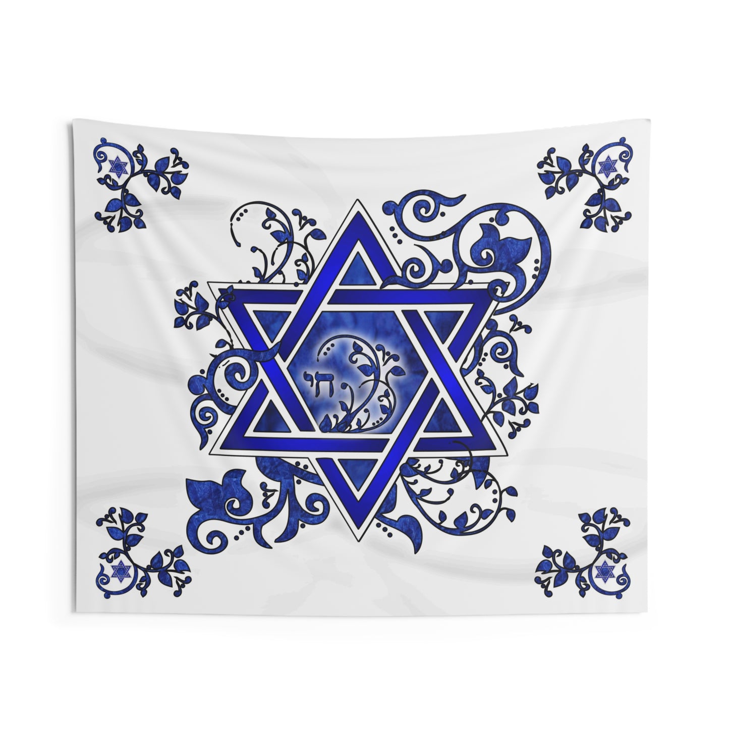 Star of David Wall Tapestry — Blue Floral Judaica Home Decor