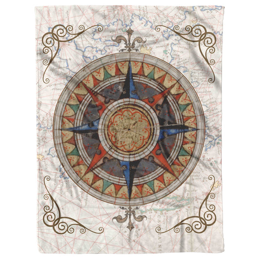 Compass Rose Fleece Blanket - Blue-Red