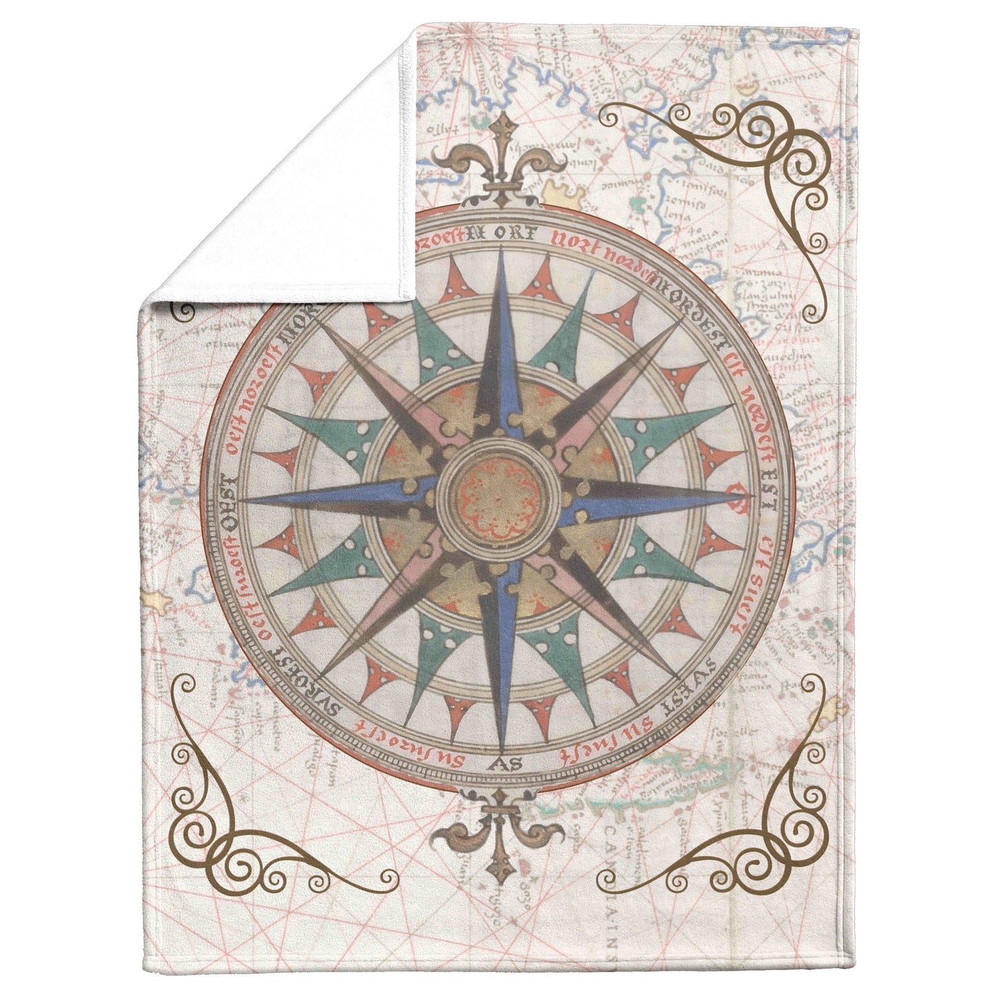 Compass Rose Fleece Blanket - Brown-Blue