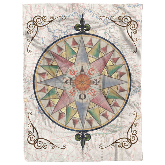 Compass Rose Fleece Blanket - Sea Blue