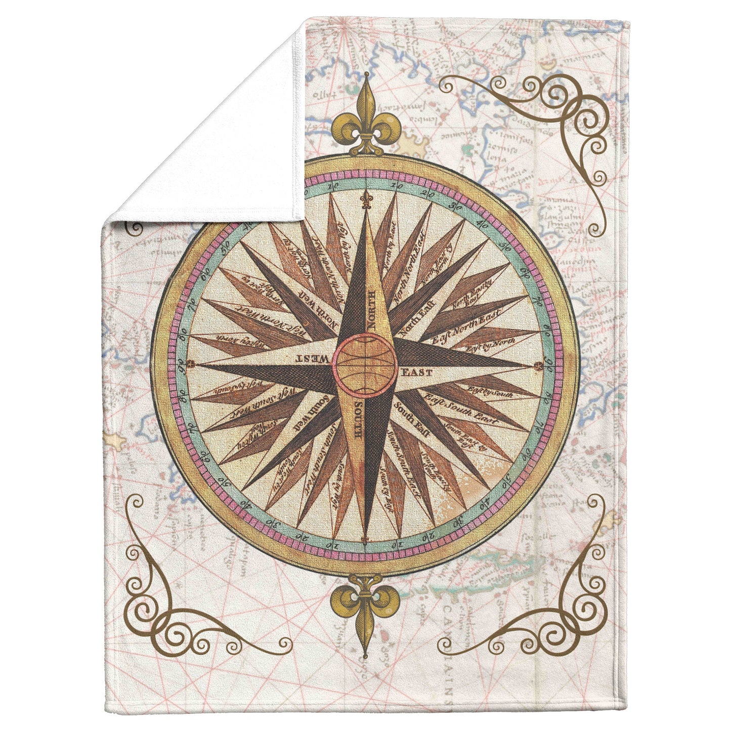 Compass Rose Fleece Blanket - Teal-Gold