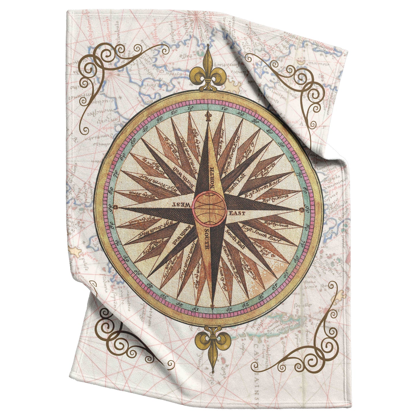 Compass Rose Fleece Blanket - Teal-Gold