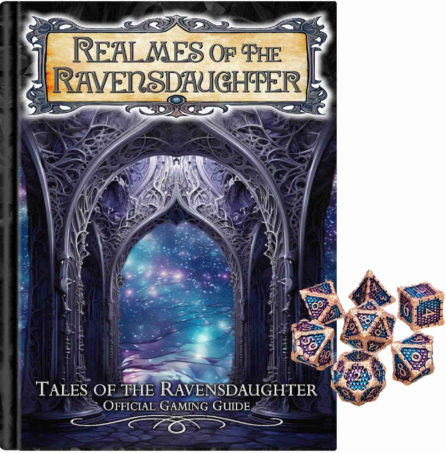 Realmes of the Ravensdaughter RPG Guide PREORDER and Blue-Purple Gaming Dice