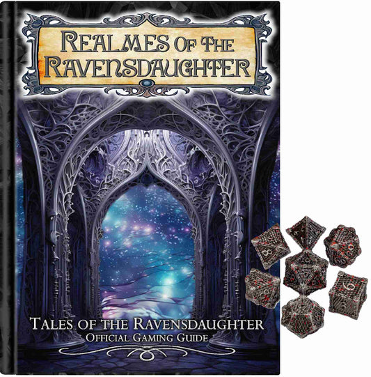 Realmes of the Ravensdaughter RPG Guide PREORDER and Black-Red Gaming Dice