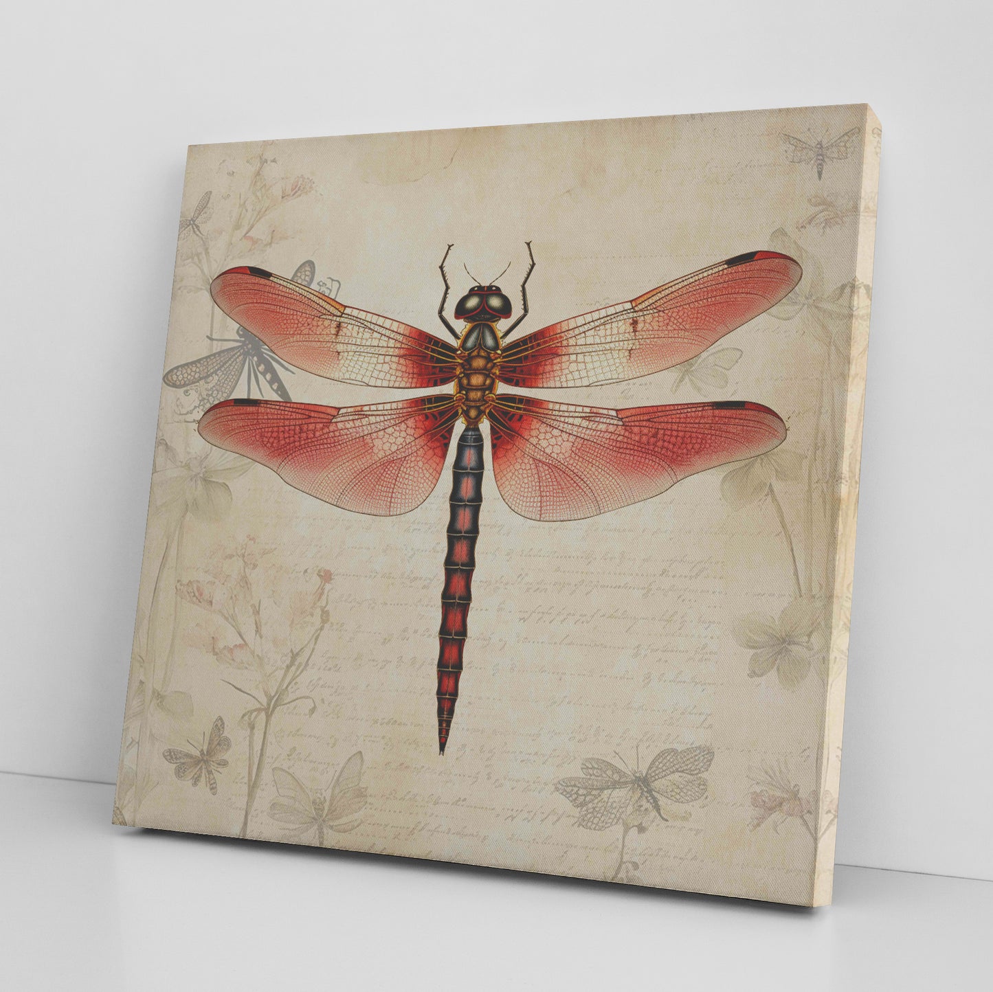 Vintage Dragonfly Canvas Art Print - Red