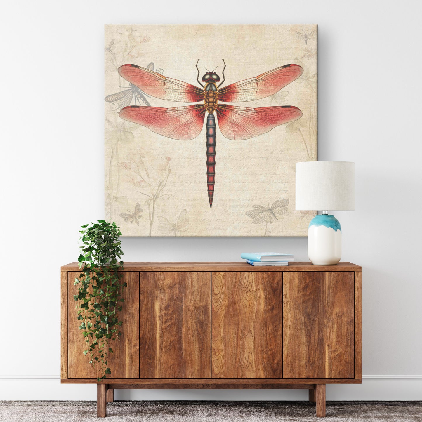 Vintage Dragonfly Canvas Art Print - Red