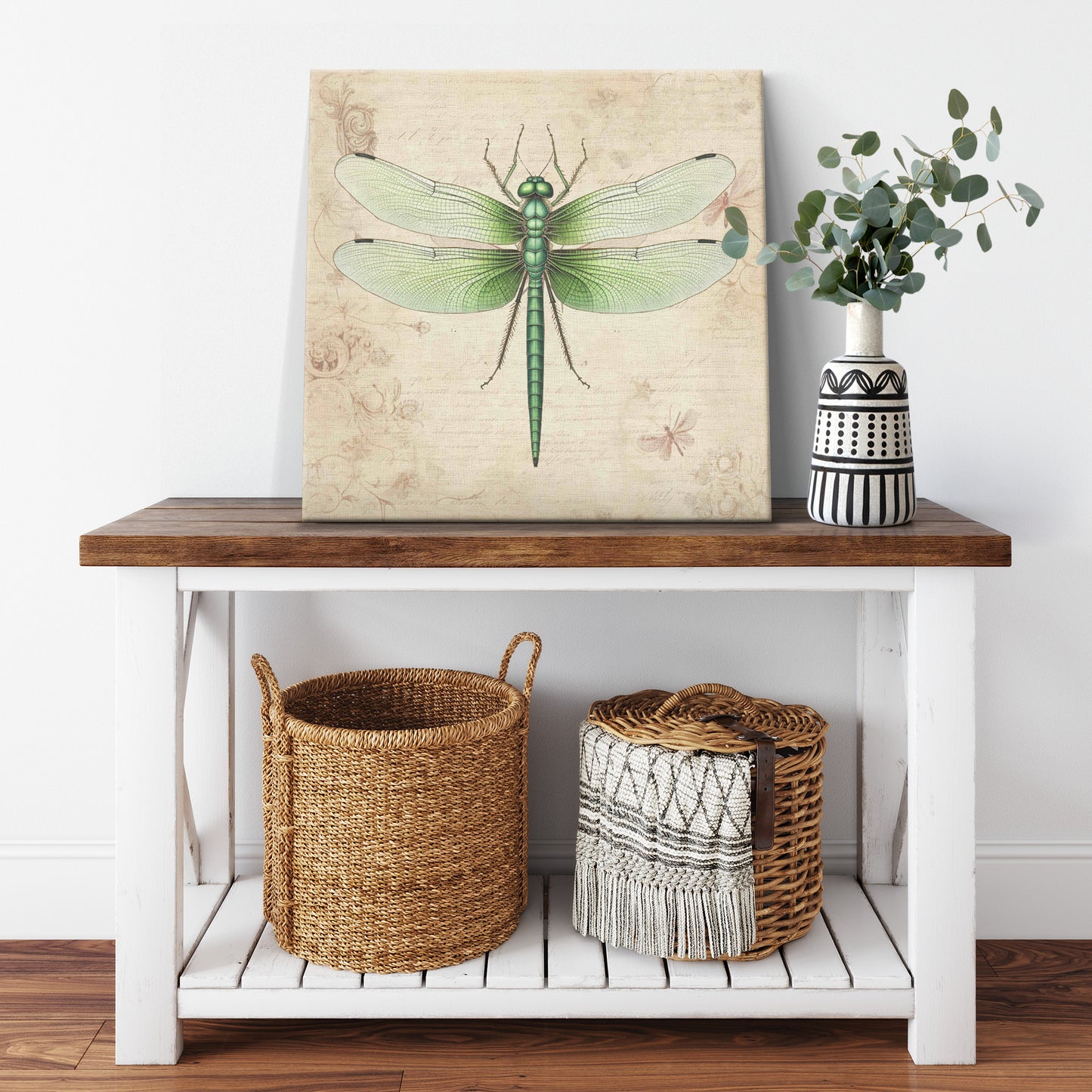 Vintage Dragonfly Canvas Art Print - Green