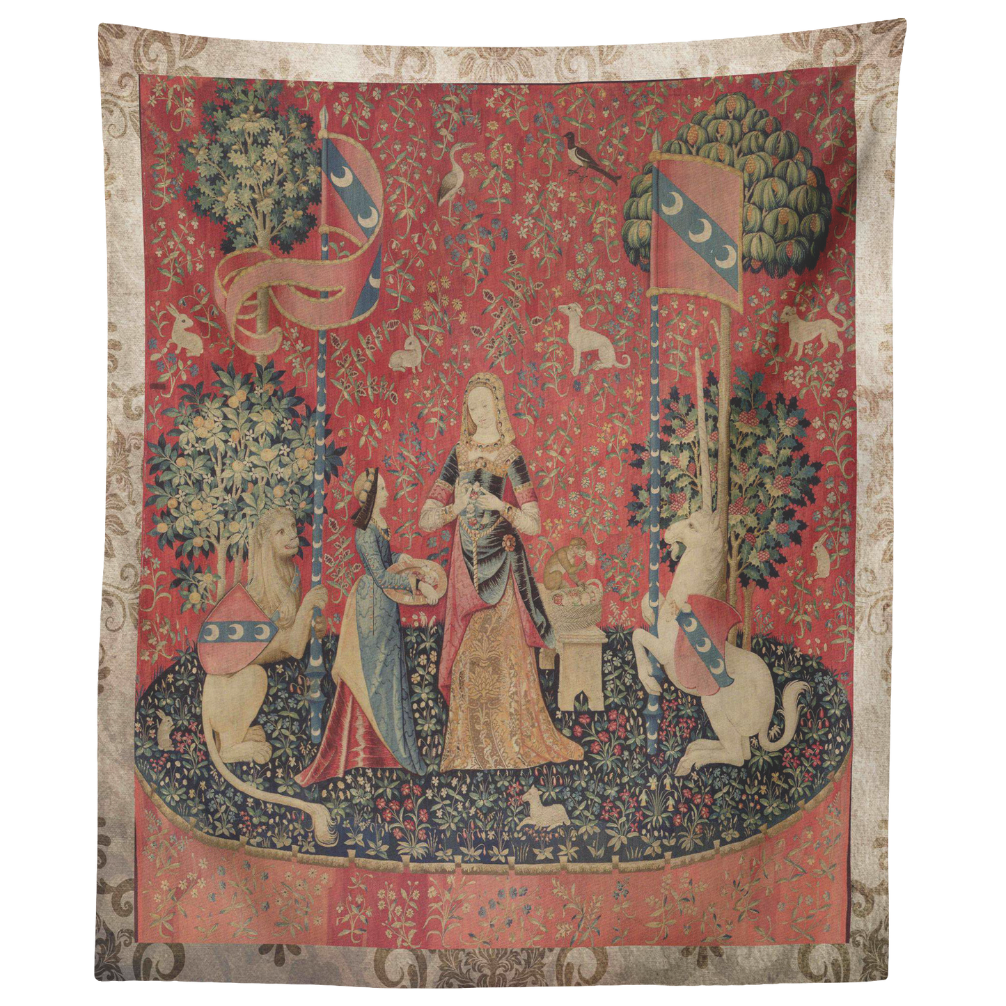 unicorn, tapestry, medieval, middle ages, renaissance, cluny museum, lion, noble lady, maid, mille fleurs, thousand flowers, flanders