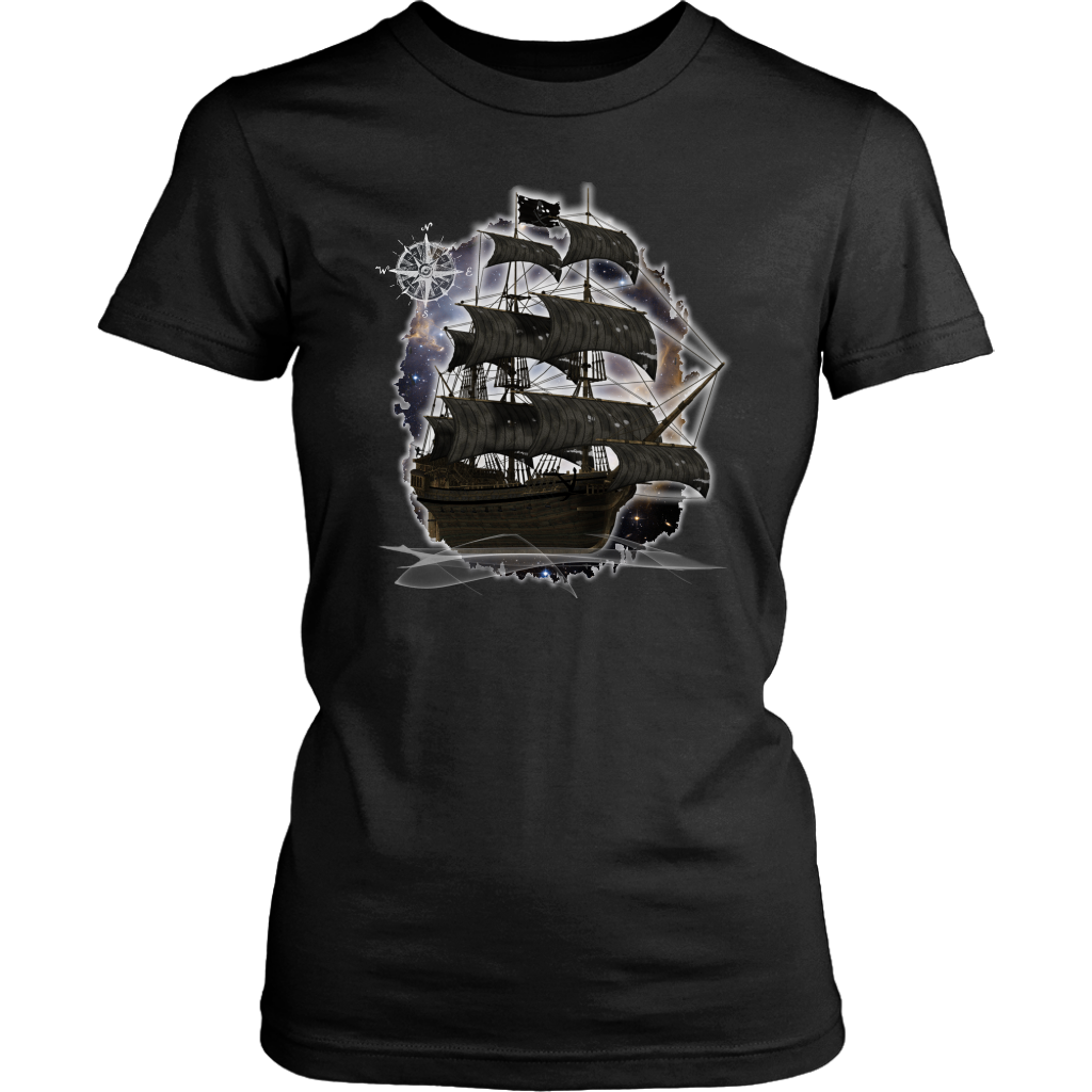 ghost ship, ghost tall ship, pirate ship, pirate art, nebula, pirate tall ship, pirates carribean, pirate star, galaxy, tall ship, compass rose, nautical, pirate captain, pirate wench, pirate scallywag, pirate shirt, pirate t-shirt, 