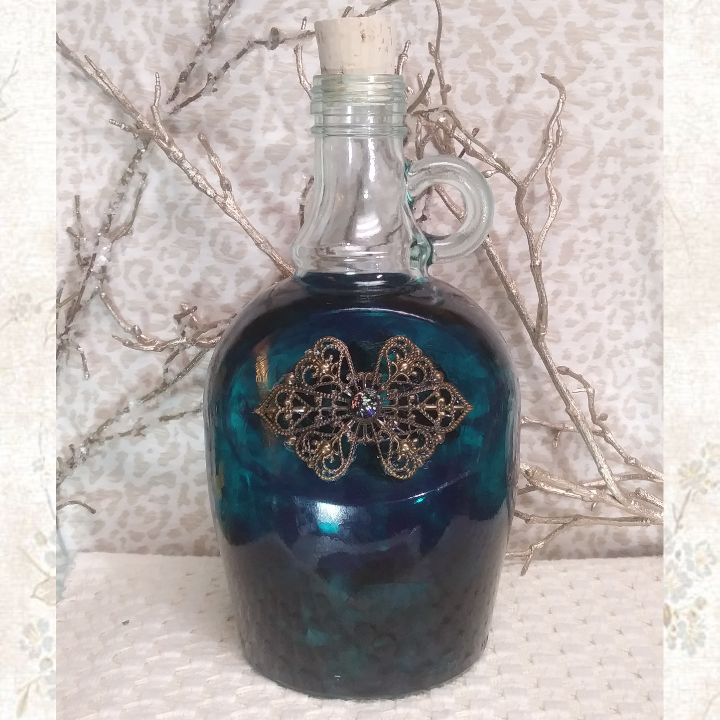 wine jug,jug,jewel bottle, potion bottle,hand painted,bottle,LARP,wedding,gift,b,role playing,potion,live action role playing,dungeons, dragons,pirate,booty,plunder,renaissance, reenactment