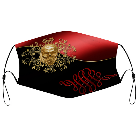 pirate, skull, brooch, filigree, red, black, gold