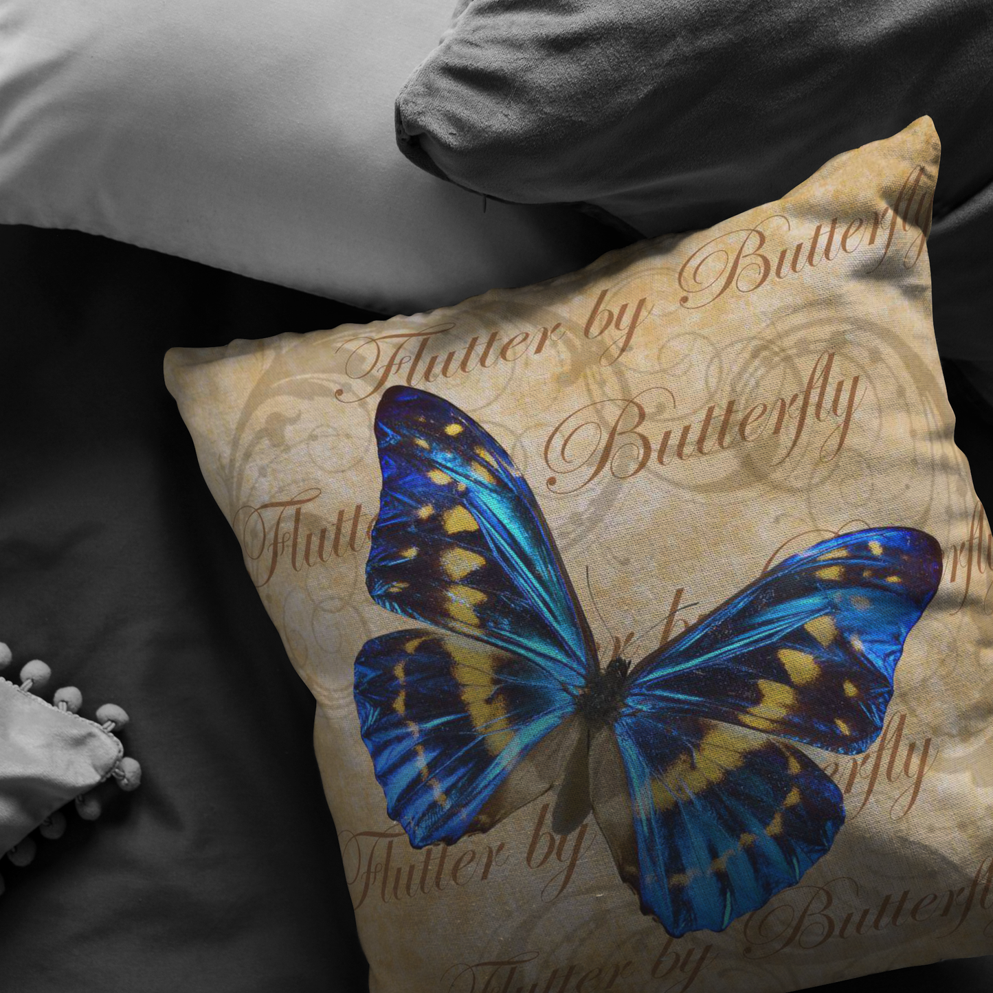 Blue Butterfly Nature Digital Collage Throw Pillow