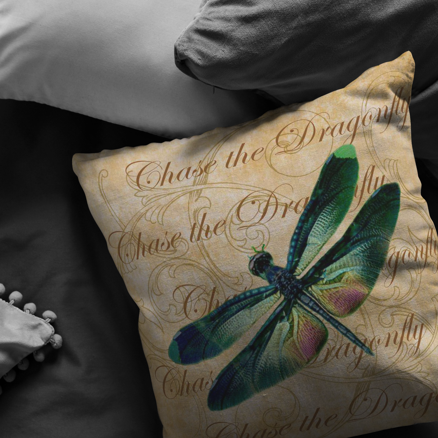 Green and Pink Dragonfly Nature Digital Collage Throw Pillow