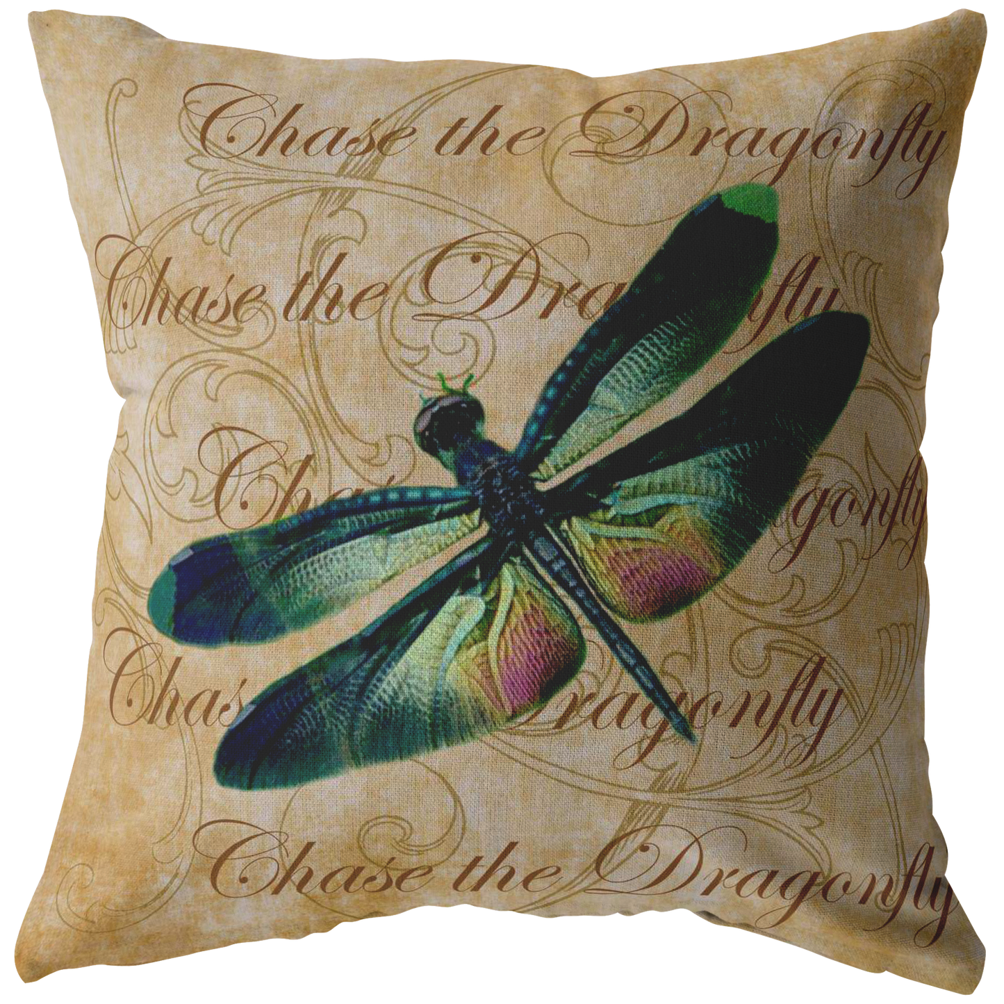 Green and Pink Dragonfly Nature Digital Collage Throw Pillow